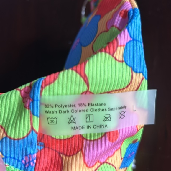 Metallic Halter Top Two Piece Neon Floral Tie Side Triangle Bikini Women’s Sz L - Picture 10 of 12